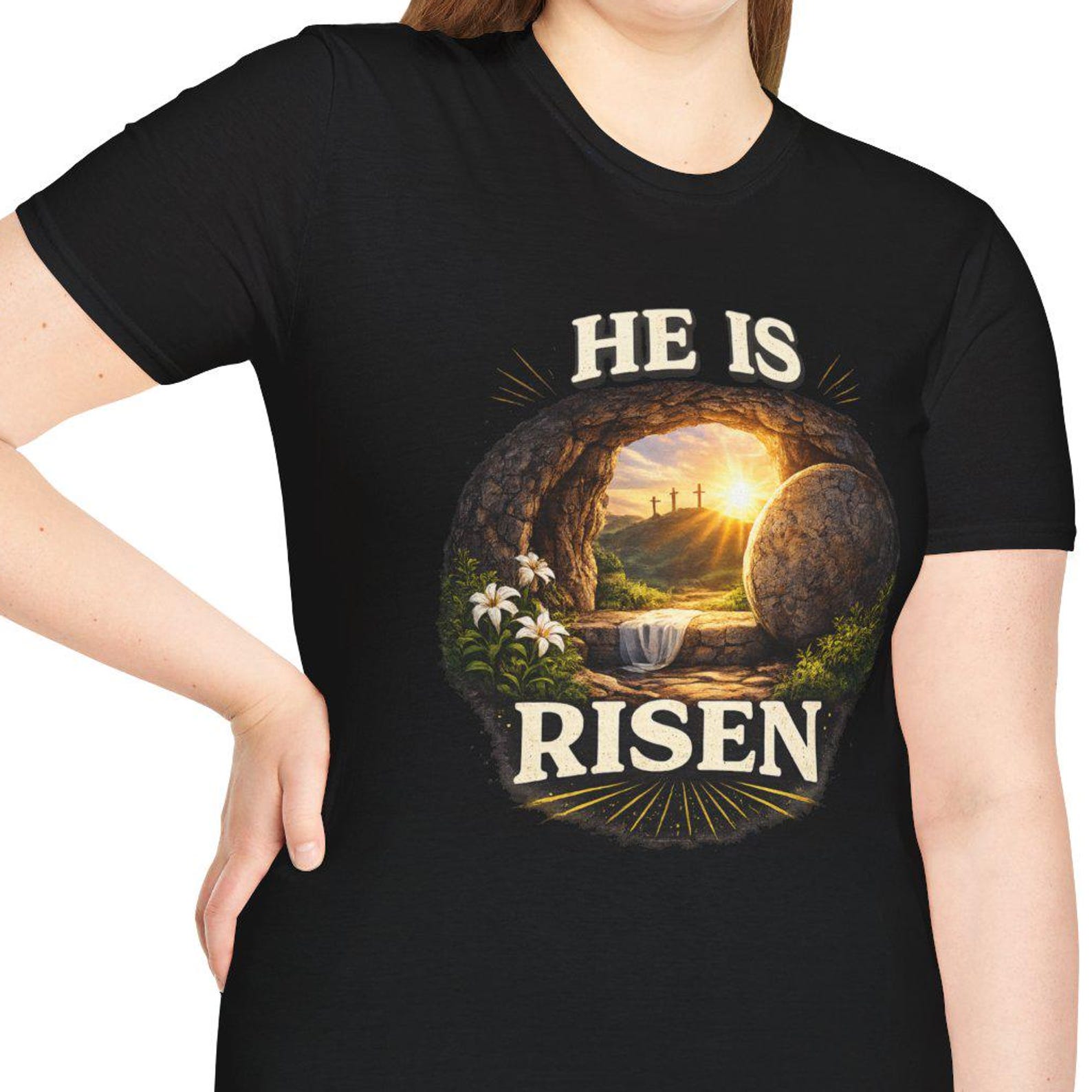 He Is Risen tomb sunrise illustration T-Shirt | Easter Christian faith design 3XL