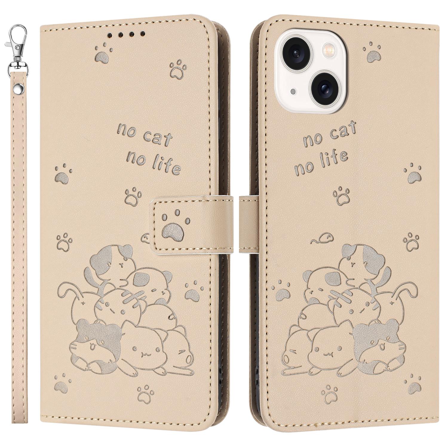 For iPhone 15 Plus/14 Plus Case with Strap Cats Imprint Leather Wallet Phone Cover B
