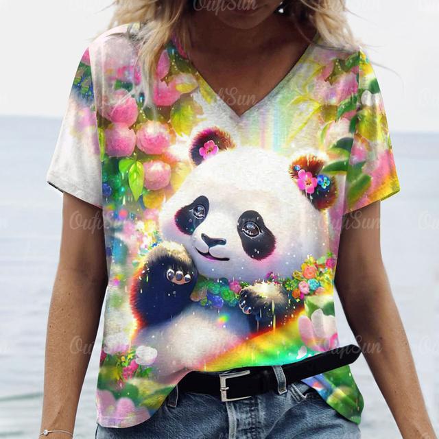 Loose Plus Size Woman Clothing Summer V-Neck Short Sleeve T-Shirts 3d Animals Panda Print Tops Women's Casual T Shirts Clothing