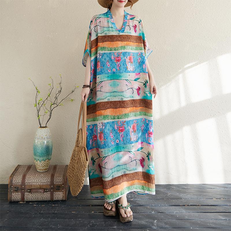 DIMANAF 2025 Women Plus Size Spring Summer Long Dress Casual Dress Basic Loose Floral Cotton Linen Vintage Maxi
