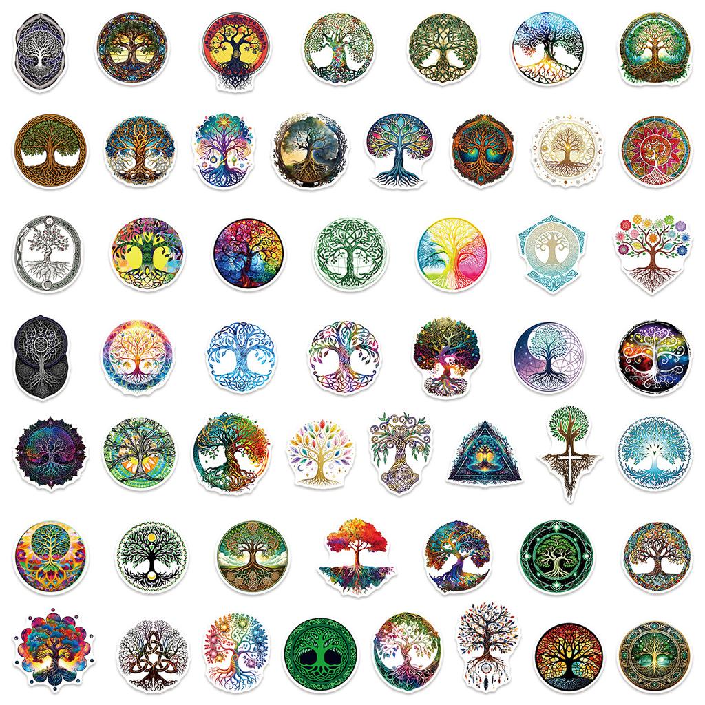 50Pcs Nordic-Style Tree Of Life Graffiti Stickers Retro Pattern Totem Tree Cartoon Decal Diy Luggage Phone Scrapbook Kid Toys