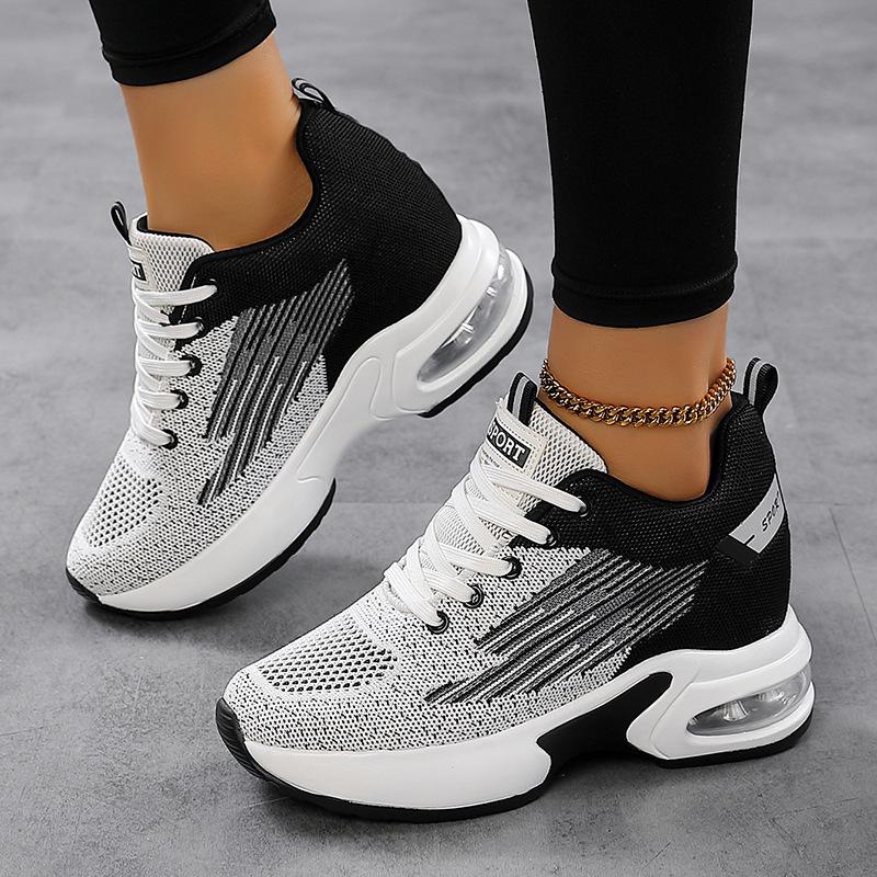 2025 straight hair spring and autumn new casual women's shoes flying woven breathable platform sports shoes non-slip comfortable inner height increa