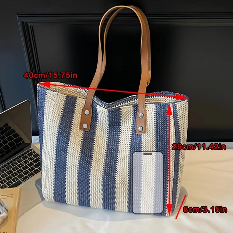 Summer Straw Woven Tote Bag for Women Large Capacity Striped Beach Bag Handmade Knitting Shoulder Bag Casual Vacation Handbag