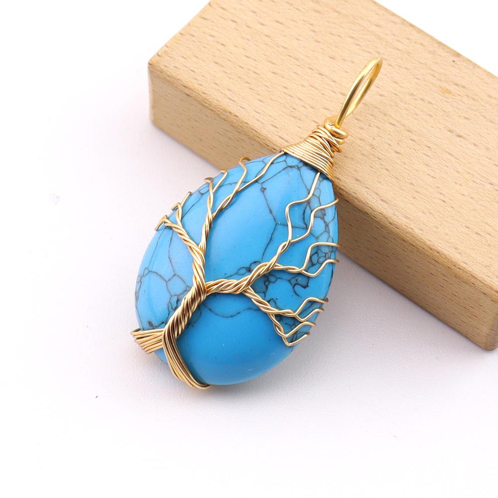 Natural Stone Agate Water Drop Tree of Life Pendant Necklace N781