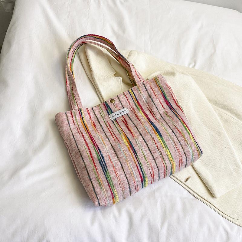 Stylish Blue Pink Beige Rainbow Striped Canvas Tote Bag With Embroidery For Daily Use