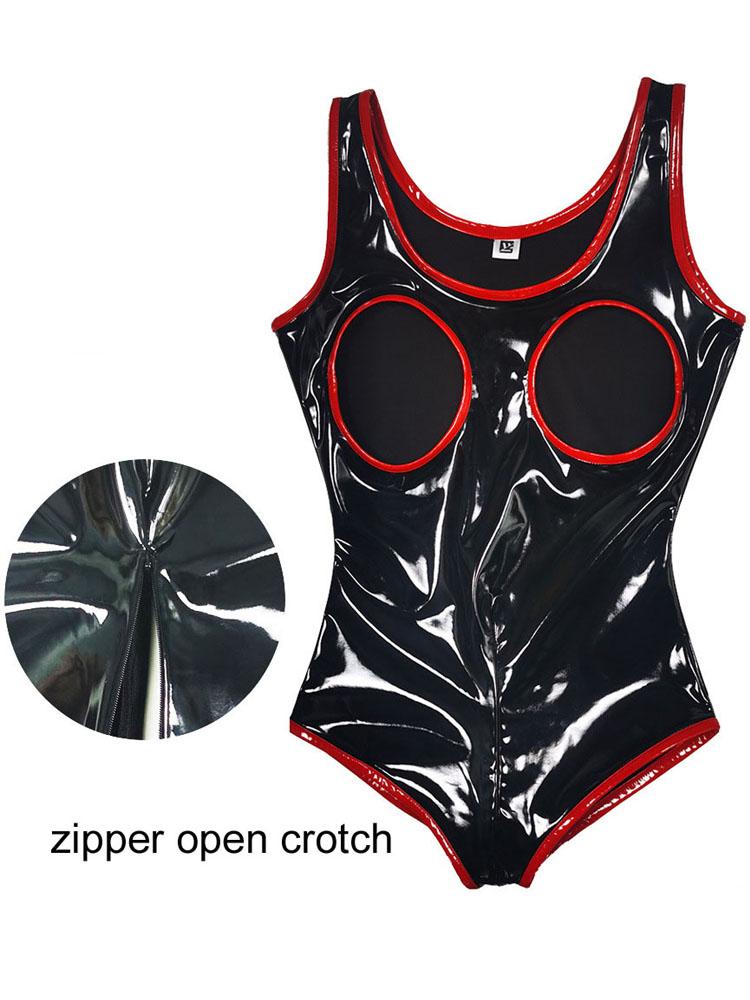 Wet Look Pvc Catsuit Shiny Pu Leather Zipper Open Crotch Bodysuit Hollow Out Breast Cosplay Body Tops Tights Hot Sexy Clubwear