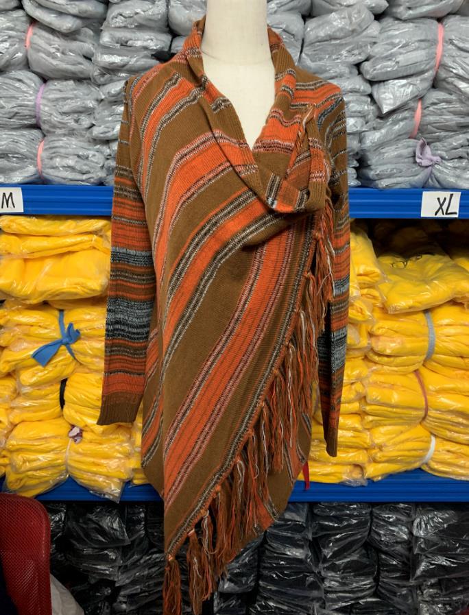 Europäischer & Amerikanischer Mittellanger Schlanker Modischer Quasten-Streifen Cardigan Pullover für Damen