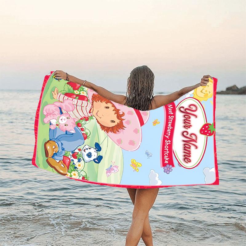 1pc Princess Strawberry Beach Towel with Custom Name, Beach and Seaside Swimming Pool Equipment, Fashion Pattern, Rectangular, Travel Essential