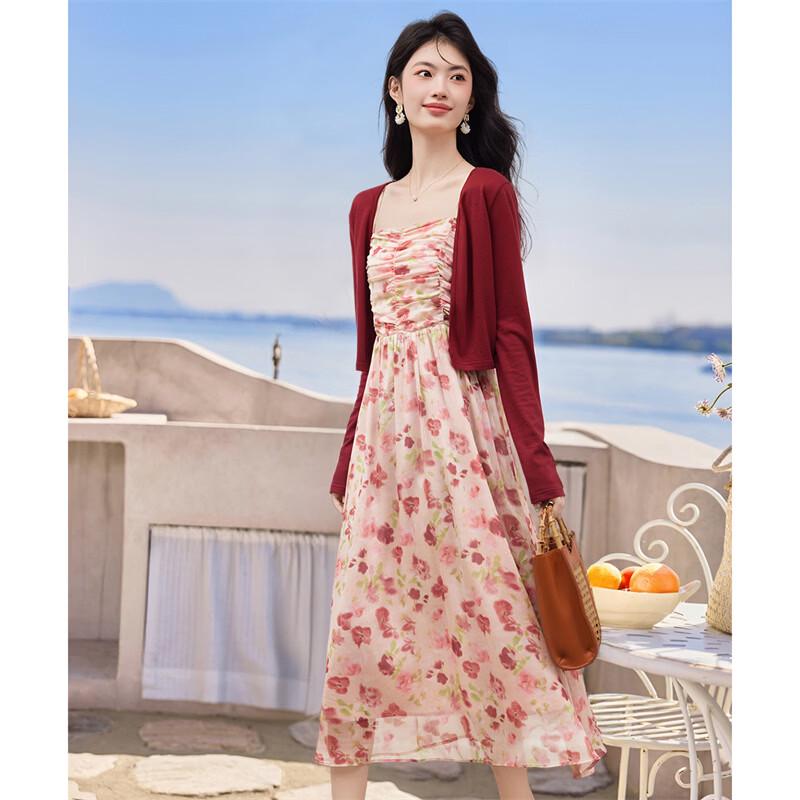 Xinfeiyu Women's Knit Cardigan & Printed Dress Two-Piece Set