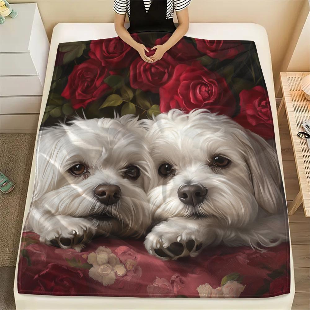 Maltese dog and roses,pattern Flannel Blanket, High quality Comfortable for All Seasons, Home Decor, Warmth and Comfort, Perfect for Gifts.