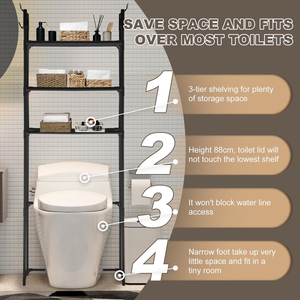 Over The Toilet Storage Rack with 4 Hooks 3 Tier Bathroom Shelf Punch-free Versatile Storage Rack for Bathroom Laundry Restroom