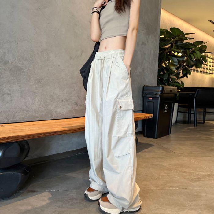 Women's American Spicy Girl Cargo Drawstring Wide Leg Casual Pants - Spring Loose Straight Leg Floor-Length Trousers