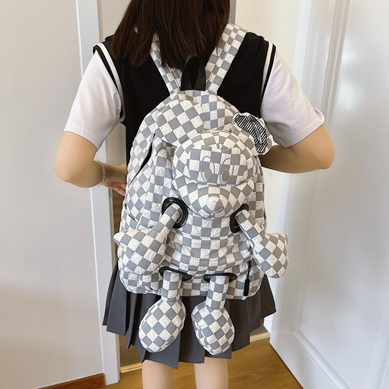High Quality Cute Cartoon Fashionable Student Backpack, Women s Casual Chessboard Checkered Large Capacity Doll
