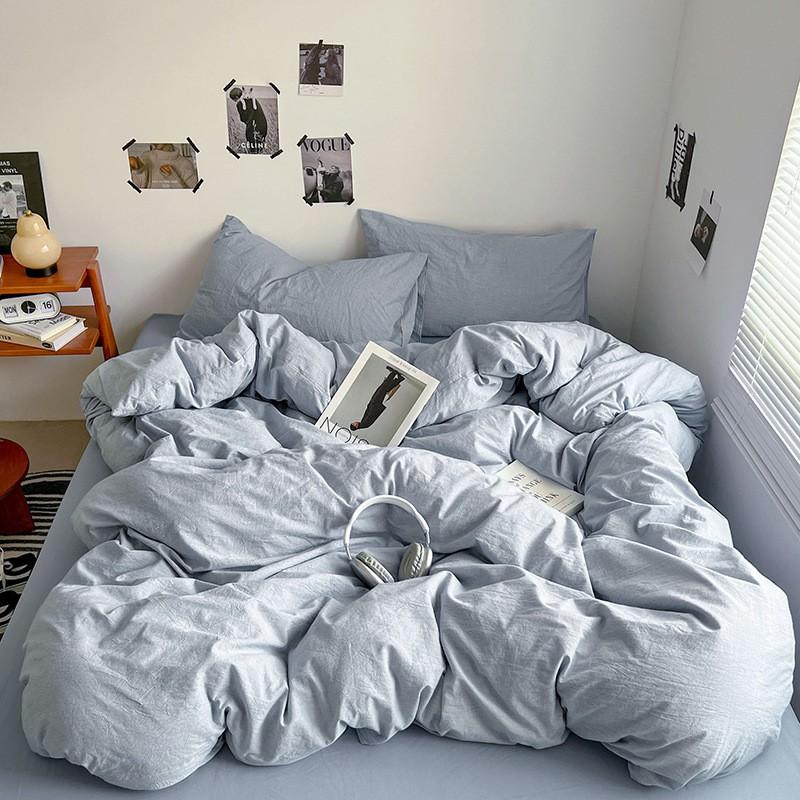 Washed Cotton Bedding Set Solid Color Brushed Bed Sheets Dorm Home