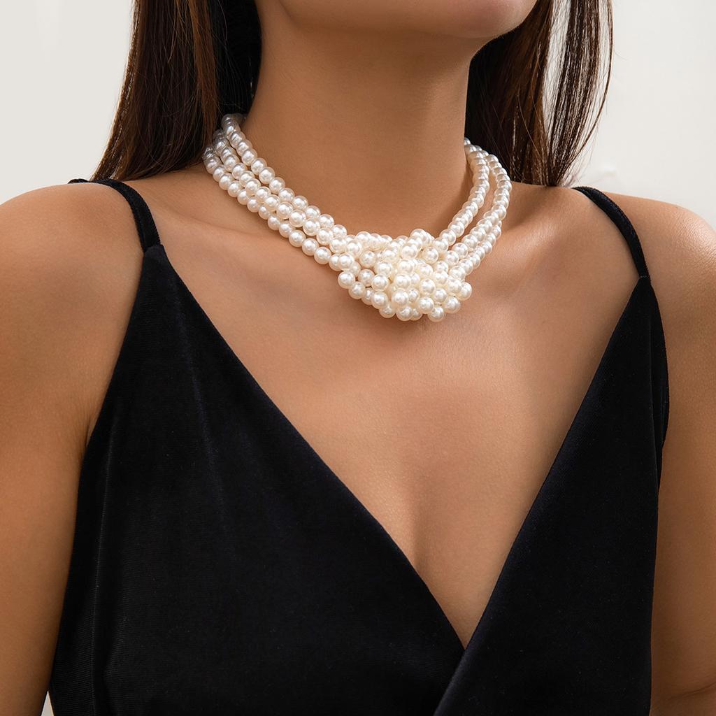 Wind Retro Small Fragrant Wind Splicing Knotted Multi-layer Imitation Pearl Necklace Female French Beaded Collarbone Chain Choker