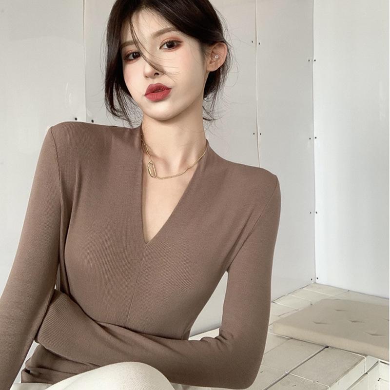 

2023 Весна и Осень Эластичный Топ с V-образным вырезом Slim Fit - Сексуально, Универсально и Стильно Extra Large кофейный