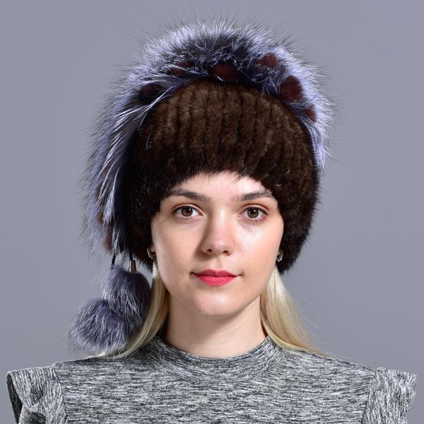 Winter Hat Mink Women Knitted Fox Fur Pompom Warm Cap Floral Fashionable Fluffy Elegant Female Genuine Natural Fur Hats Caps