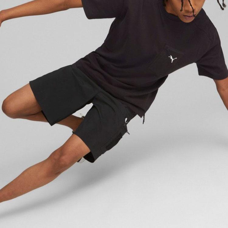 Puma Solid Color Logo Print Mid Rise Drawstring Straight Leg Casual Shorts Men Shorts Black 675581-01