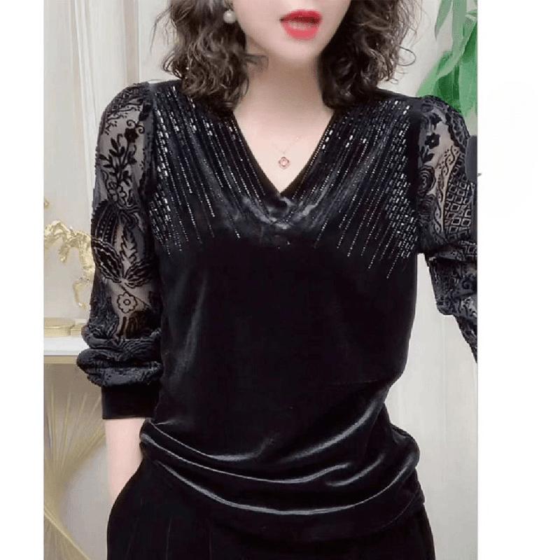Kadın Elmas Seksi Şeffaf Dantel Patchwork Zarif Temel Tişört İlkbahar Sonbahar Moda V Yaka Uzun Kollu Siyah Kazak Üstleri