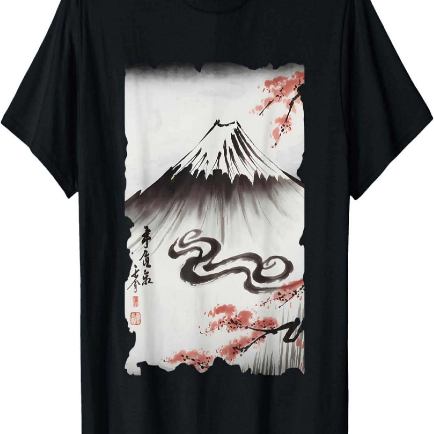 Mount Fuji  Art - Vintage Sumi-e Cherry Blossoms T-Shirt S чёрный