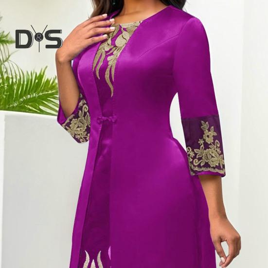 Frauen Retro Taille Eng Slim Fit Kleid O Neck 3/4 Hülse Stickerei Floral Spitze Nähte Kleid Kleid Streetwear