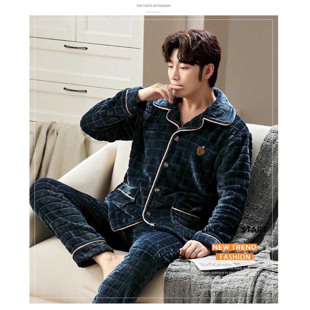 Pánske nové jesenné a zimné flanelové pyžamo so stojačikom a zipsom, dá sa nosiť aj externe. Súprava domáceho oblečenia z koralového flísu