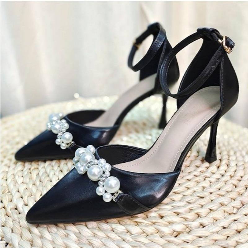 2025 Summer Celebrity Women's High Heels Fashion Pointed Toe Pearl Chain High Heel Sandals Dress Banquet Wedding Shoes