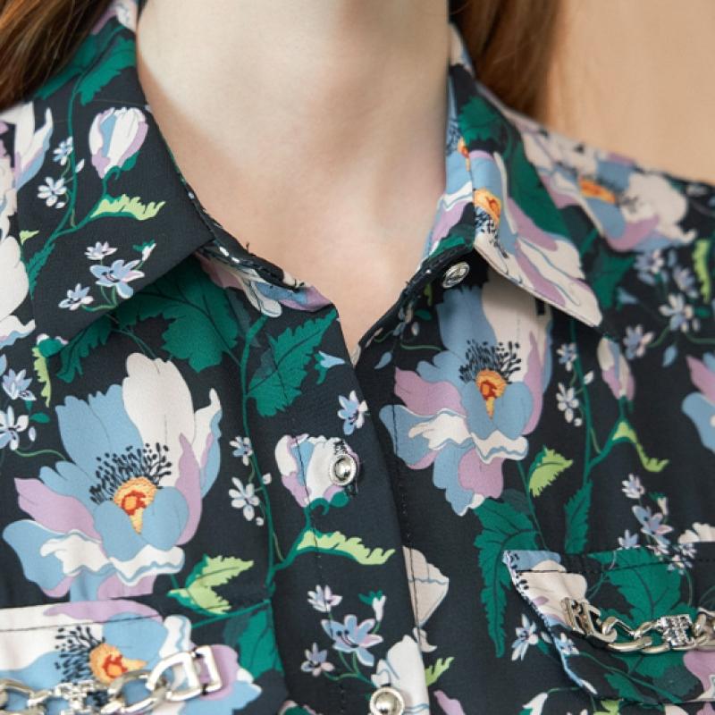 MAXZA Flower Pattern Chain Decoration Bell Sleeve Shirt Blouse Zb09qb607on