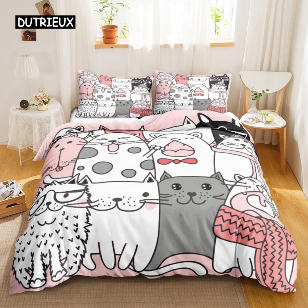 Cat Duvet Cover Set Digital Different Color Cartoon Cute Cat Bedding Set Bedclothes Double Queen King Size Polyester Qulit Cover