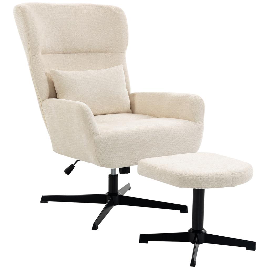 360 Degrees Swivel Lounge Chair with Stool, Height-Adjustable, Chenille Cover, with Lumbar Cushion, Cream White