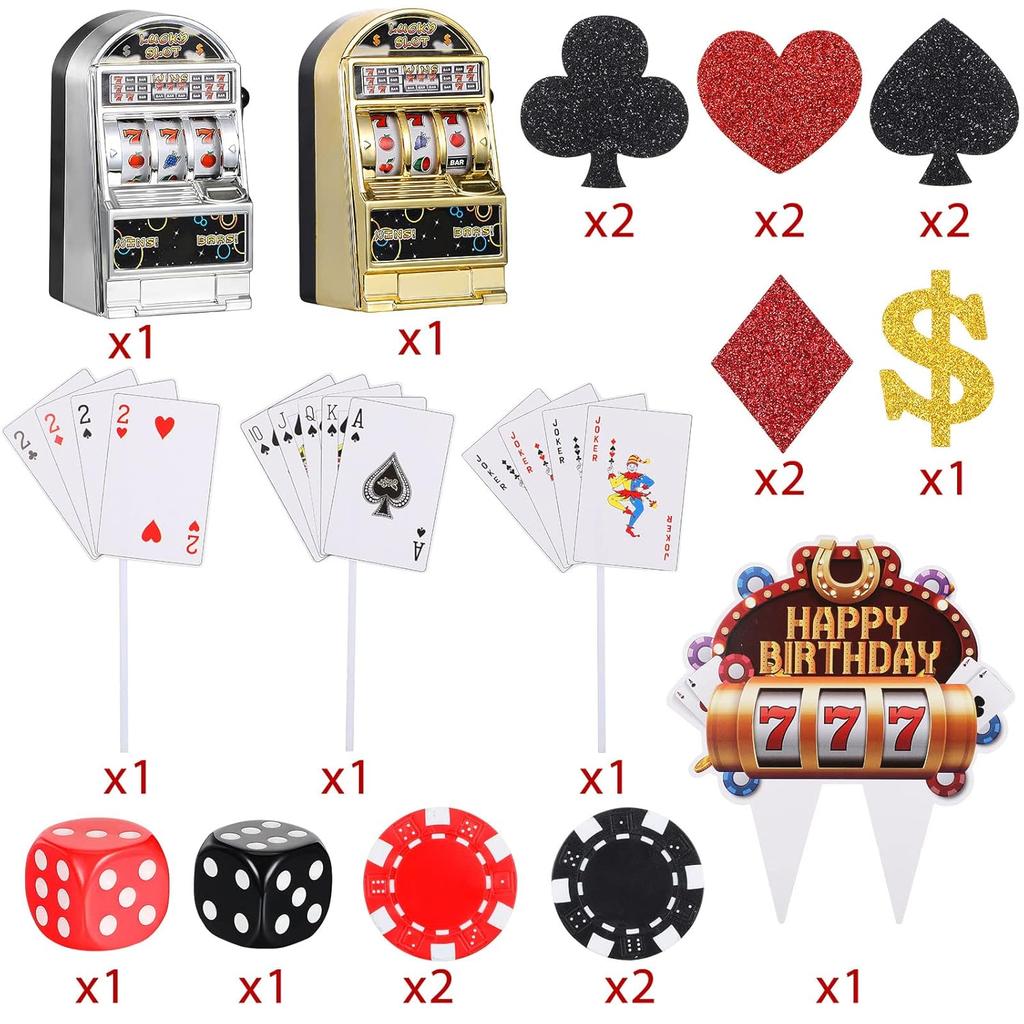 21 Pieces Casino Cake Decorations Set Mini Slot Toy Machine Poker Cake Topper Casino Happy Birthday Cake Topper