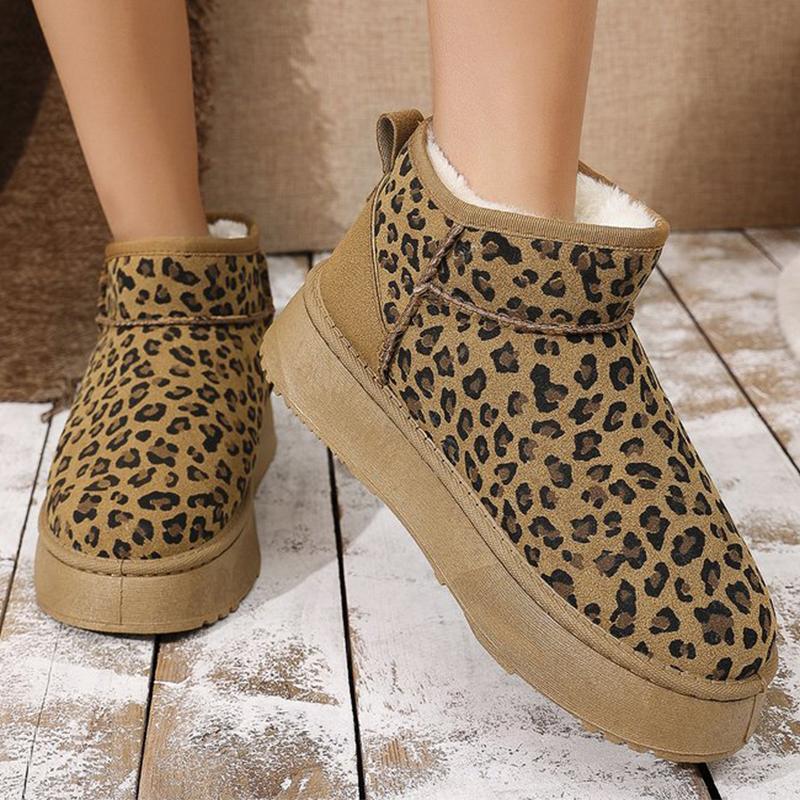Mode 2025 Winter Leopard Schneestiefel für Damen Slipper Kurzer Plüsch Warm Knöchelstiefel Frau Mode Wildlederimitat Plateau Stiefeletten Weiblich