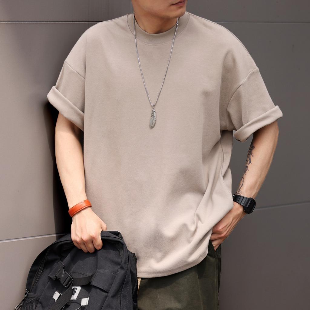 Heavy Small Neckline Short-sleeved T-shirt Men's Loose Summer Casual Solid Color Anti-wrinkle Large Size T-shirt