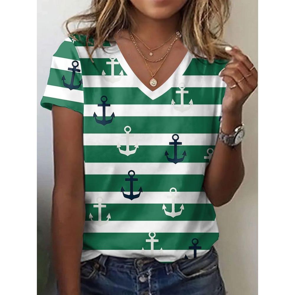 New Anchor Stripe 3D Print T-Shirts Women's Short Sleeve V-Neck T Shirt Casual Tops Harajuku Tees Streetwear Female Clothing
