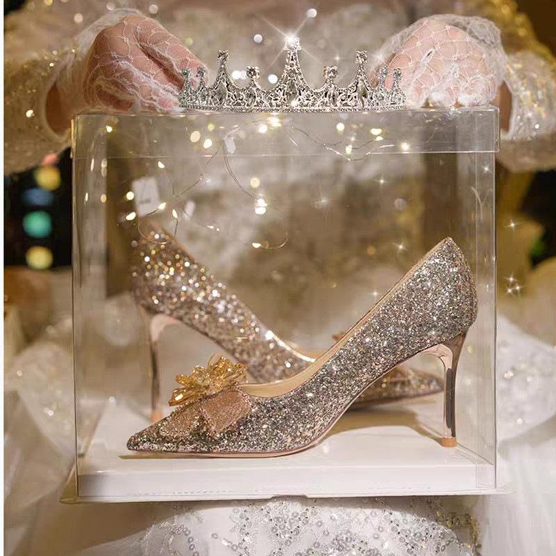 Large size French high heels heroine wedding banquet rhinestone bow wedding shoes temperament pointed sequins single shoes