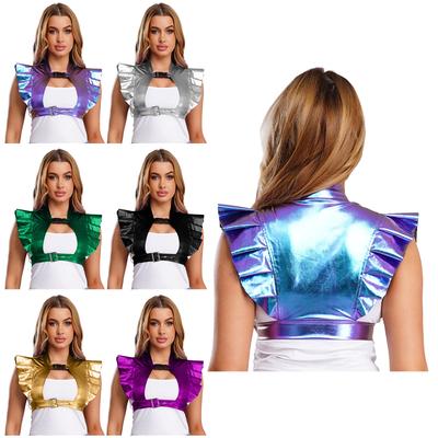 Armatura da Spalla Metallizzata Iridescente da Donna con Bordi Arricciati, Scollo Frontale, Cinghie Inferiori Regolabili, Crop Top Bolero