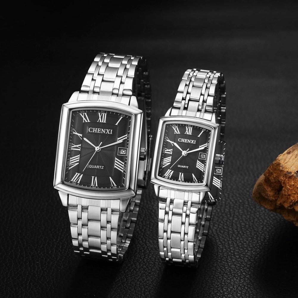 Aroncent Pair Couple Waterproof Square Watch Rome Analog Antique Stainless Silver Anniversary Valentine's Day Christmas Gift for Boyfriend and