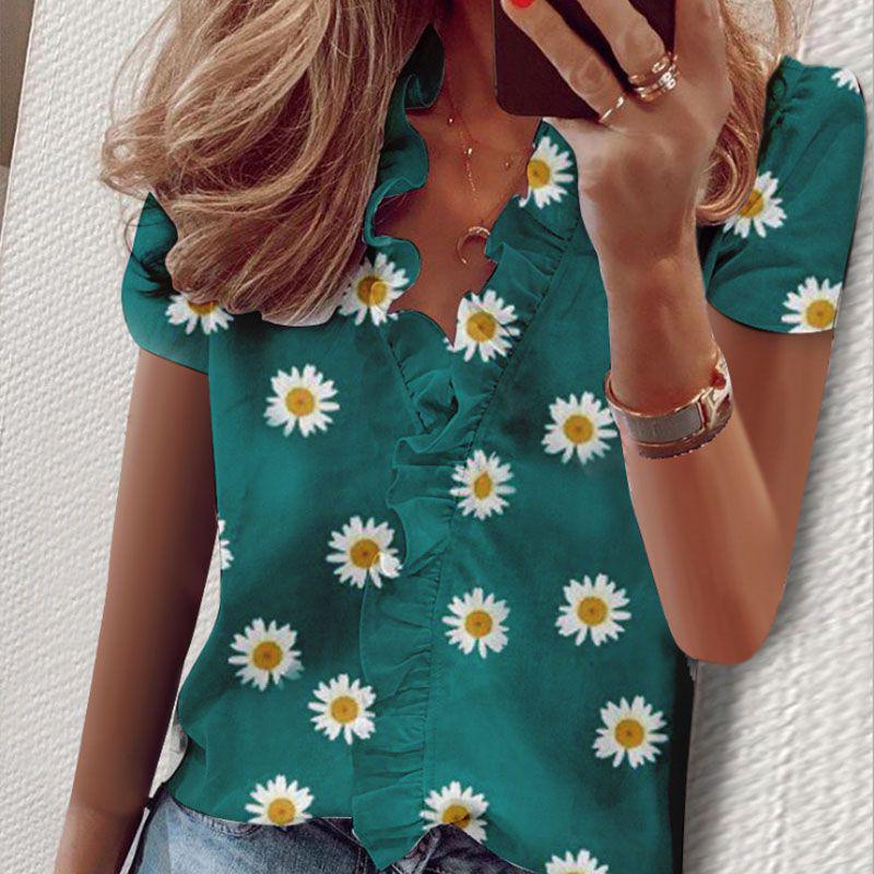 Stylish Women's V Neck Ruffle Short Sleeve T Shirt With Fashionable Daisy Print