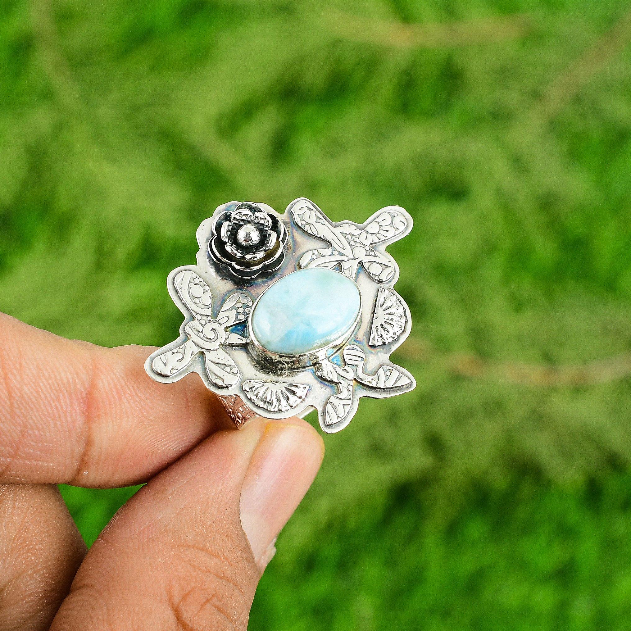 

Natural Larimar Gemstone Promise Flower Adjustable Ring 925 Silver For Women Adjustable