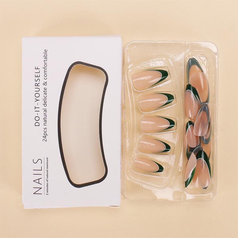 French Green Edge Press-On Nails - Pure & Sexy Style Fake Nail Art Patches, Removable and Hot-Selling.