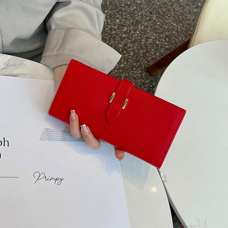 

2025 Натуральная кожа Женские кошельки Первый слой коровьей кожи Длинный кошелек H Hasp Клатчи для женщин Bifold Бумажник без логотипа красный