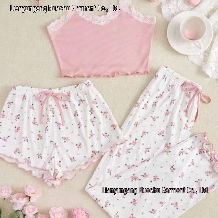 Pajama-Set aus floraler Spitze für Damen - Niedliches Sommer-Camisole mit kurzen und langen Hosen