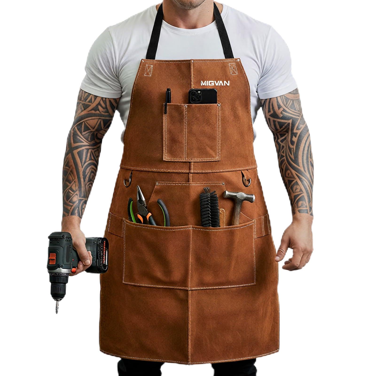 

[MIGVAN] Welding Apron, Work Apron, Men s/Women s, Free Size (F), Genuine Leather, Heat Resistant, Flame Retardant, Protective Clothing, Multi-Pocket,
