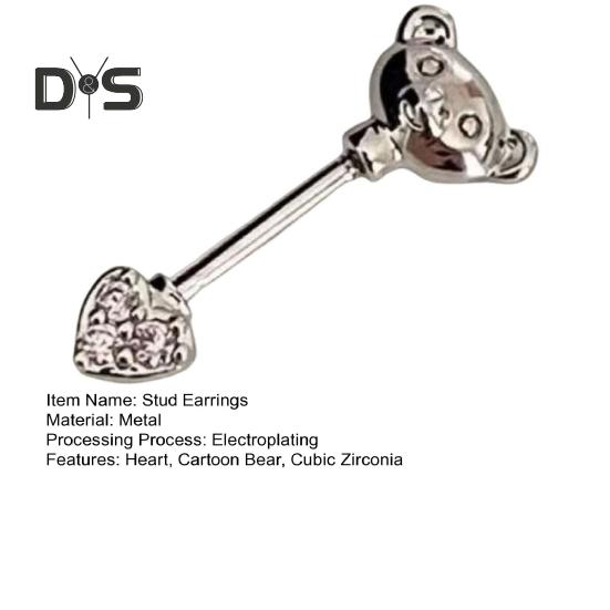 1 PC Boucles d'oreilles à clous Ours de dessin animé et forme de cœur Zircone cubique brillante Boucles d'oreilles pour cartilage pour les soirées en club Anneau de nez sans pas de vis