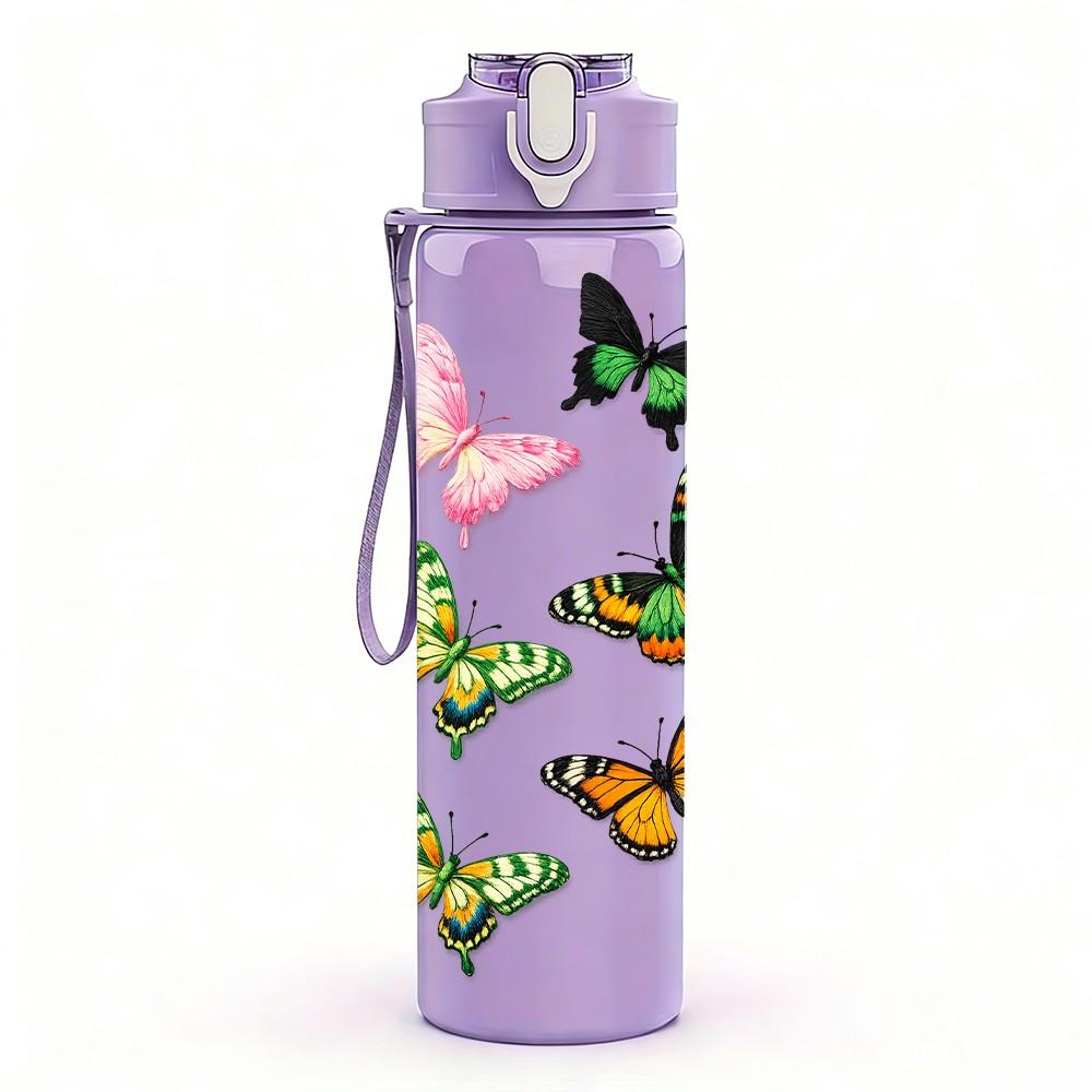 1PC Multiple Colorful Butterflies Group Print 750ml Color Plastic Sports Water Bottle Leakproof Flip Straw Lid Suitable for Sports Office Home Use