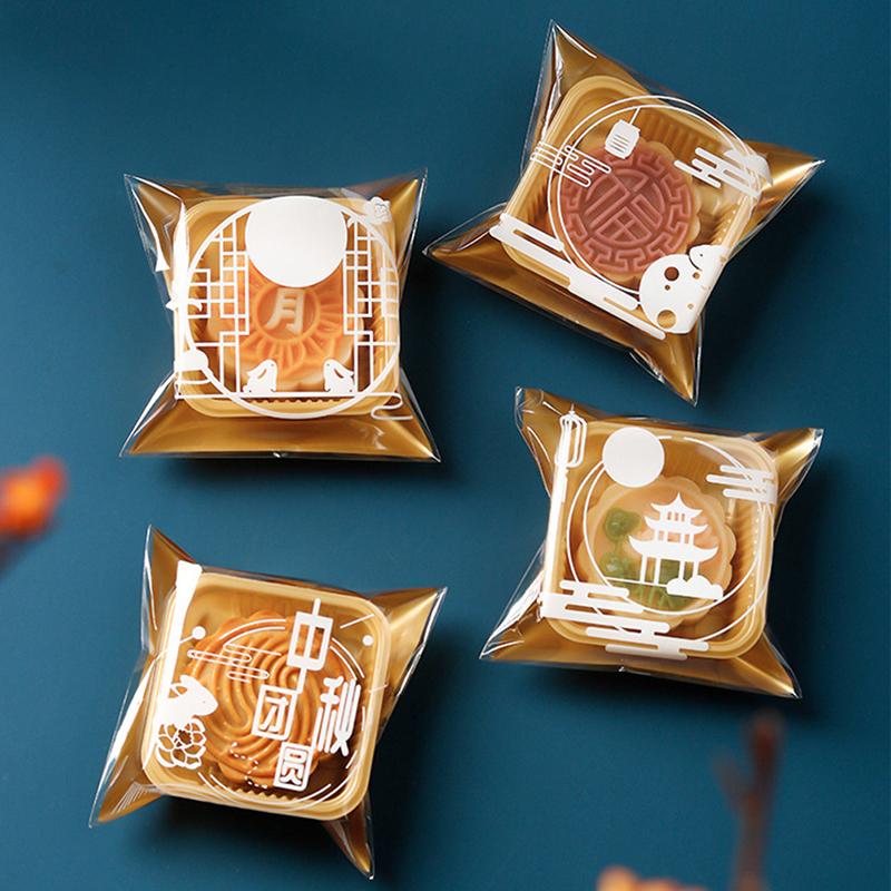 100Pcs Square Moon Cake Trays Mooncake Packaging Bag With Cover Food Container Holder Gold Plastic Cake For Cookie Egg Tart