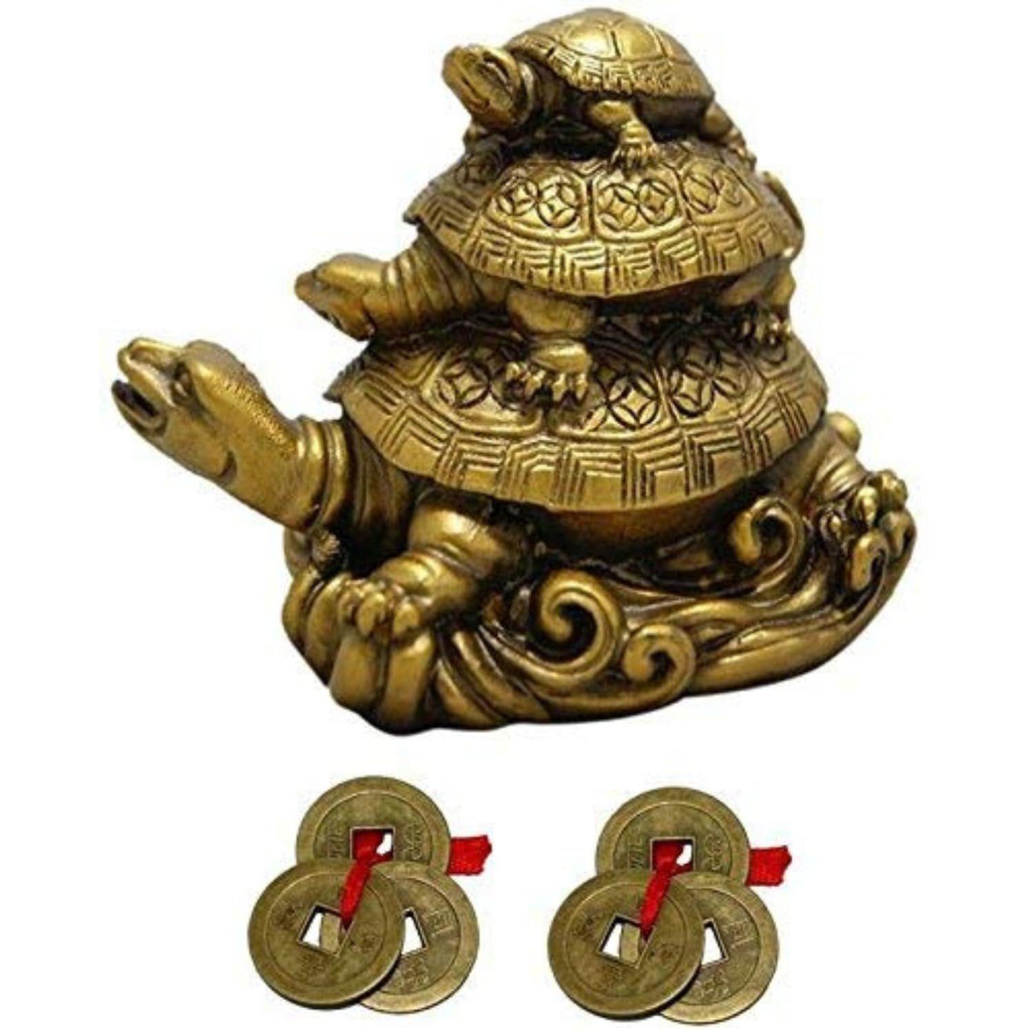 Polyresin Feng Shui 3 Tortoise with 2 Lucky Coins for Good Luck & Wealth | Three Turtle Vastu Showpiece for Home Decor |