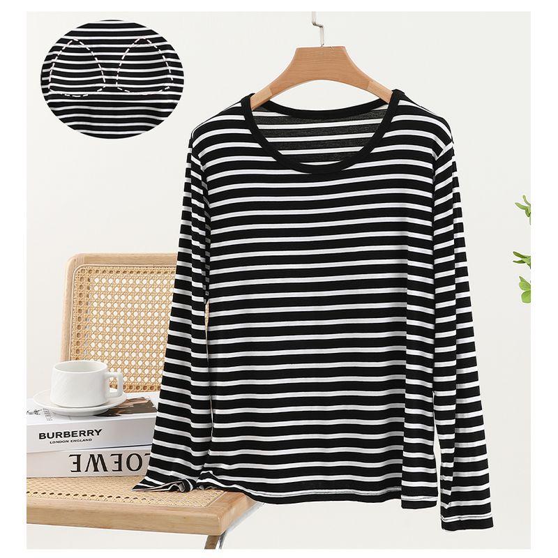 Thin Stripes Chest Pad T-shirt Long Sleeve Modal Bra-Free Undershirt Outwear Loose Easiest for Match Homewear Tops