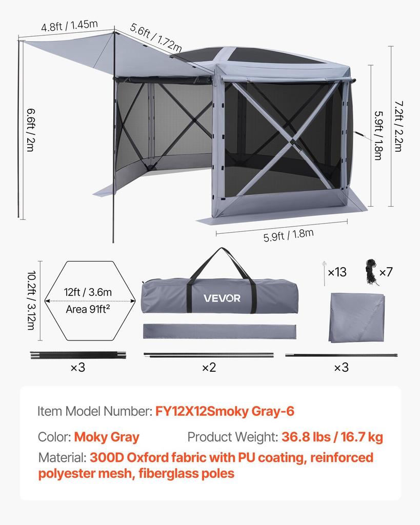 Pop Up Gazebo Screen Tent, 3.6 X 3.6 M Large 6-Sided Camping Canopy Tent with Removable Top & Carry Bag, Quick-Set & Bite-Proof, Screen House Sun