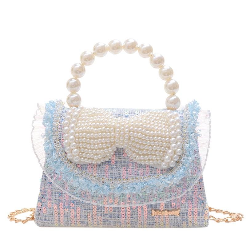 Kids Fashion Bag Cute Bowknot Side Crossbody Bags For Girls Pearl Tote Hand Bag Baby Messenger Bags Toddler Purse